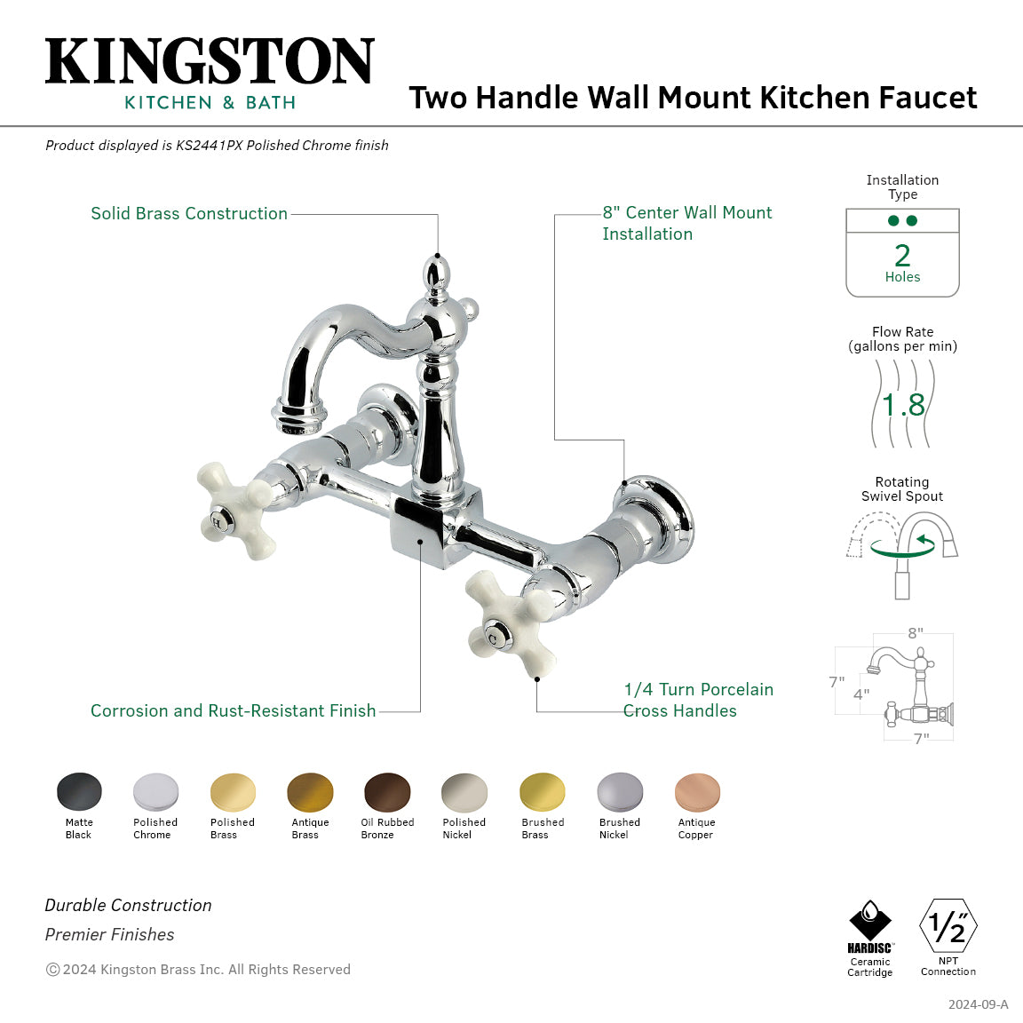 Kingston KS2443PX Heritage Two-Handle Wall Mount Bridge Kitchen Faucet, Antique Brass with porcelain cross handles