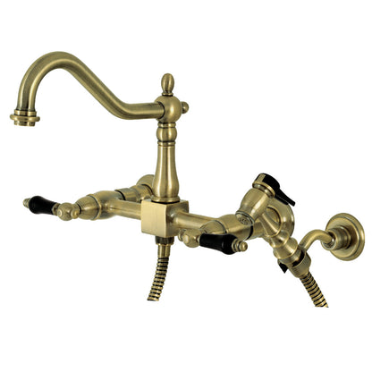 Kingston KS1243PKLBS Duchess Two-Handle Wall Mount Bridge Kitchen Faucet with Brass Sprayer, Antique Brass