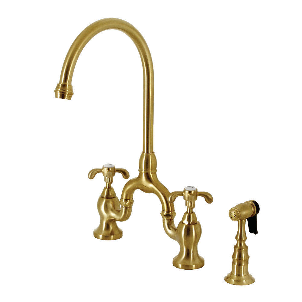 Kingston KS7793TXBS French Country Bridge Kitchen Faucet with Brass Sprayer, Antique Brass