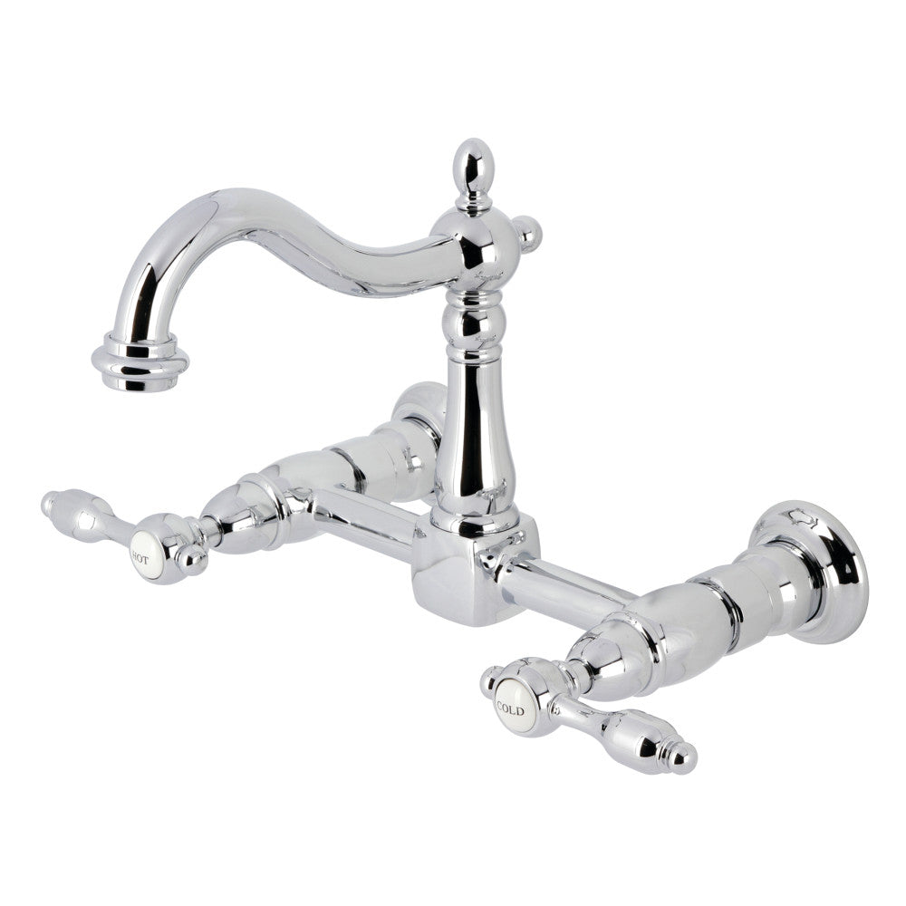 Kingston KS1263TAL Tudor Two-Handle Wall Mount Bridge Kitchen Faucet, Antique Brass in chrome finish