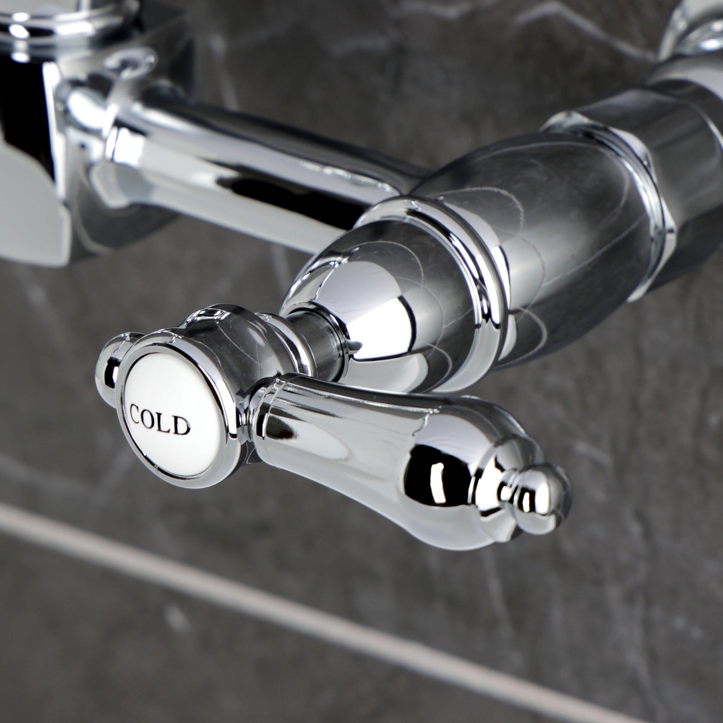 Kingston KS2443BAL Heirloom Two-Handle Wall Mount Bridge Kitchen Faucet, Antique Brass cold water handle detail