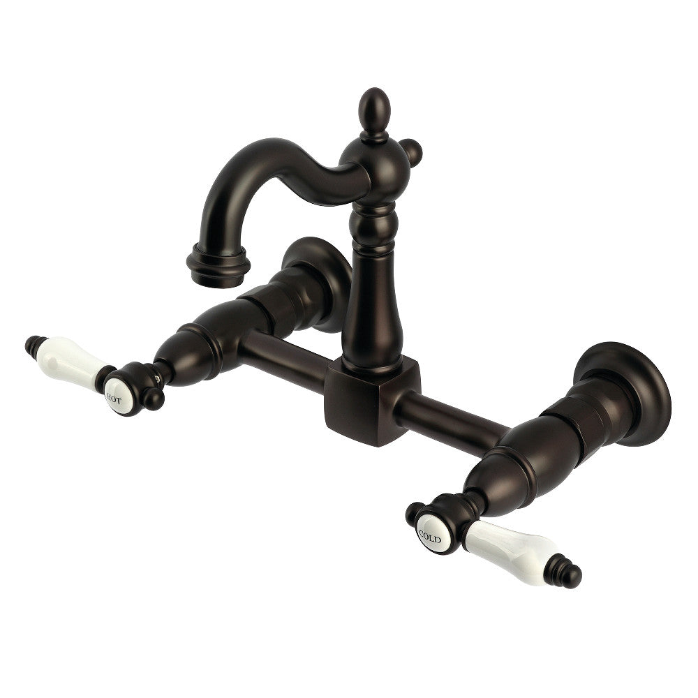 Kingston KS2443BPL Bel-Air Two-Handle Wall Mount Bridge Kitchen Faucet, Antique Brass with Oil Rubbed Bronze finish.