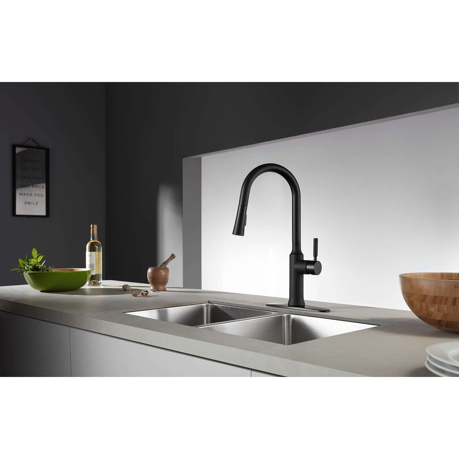 Gourmetier LS2723DKL Kaiser Single-Handle Pull-Down Kitchen Faucet, Brushed Brass in modern kitchen setting