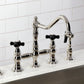 Kingston KS3277PKXBS Duchess Bridge Kitchen Faucet with Brass Sprayer, Brushed Brass on a kitchen countertop.