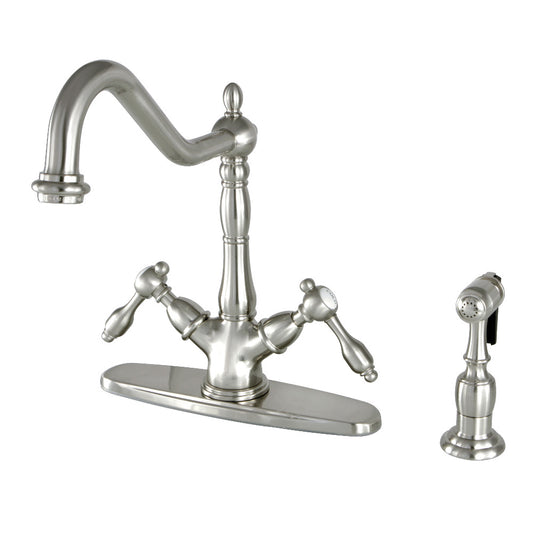 Kingston KS1238TALBS Tudor Two-Handle Kitchen Faucet with Brass Sprayer, Brushed Nickel