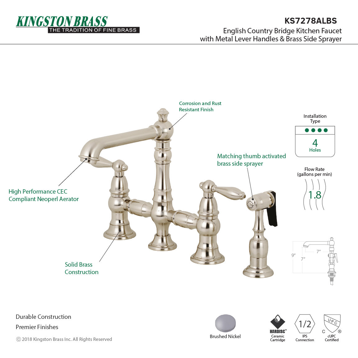Kingston KS7277ALBS English Country Bridge Kitchen Faucet with Brass Sprayer, Brushed Brass design and features overview image.