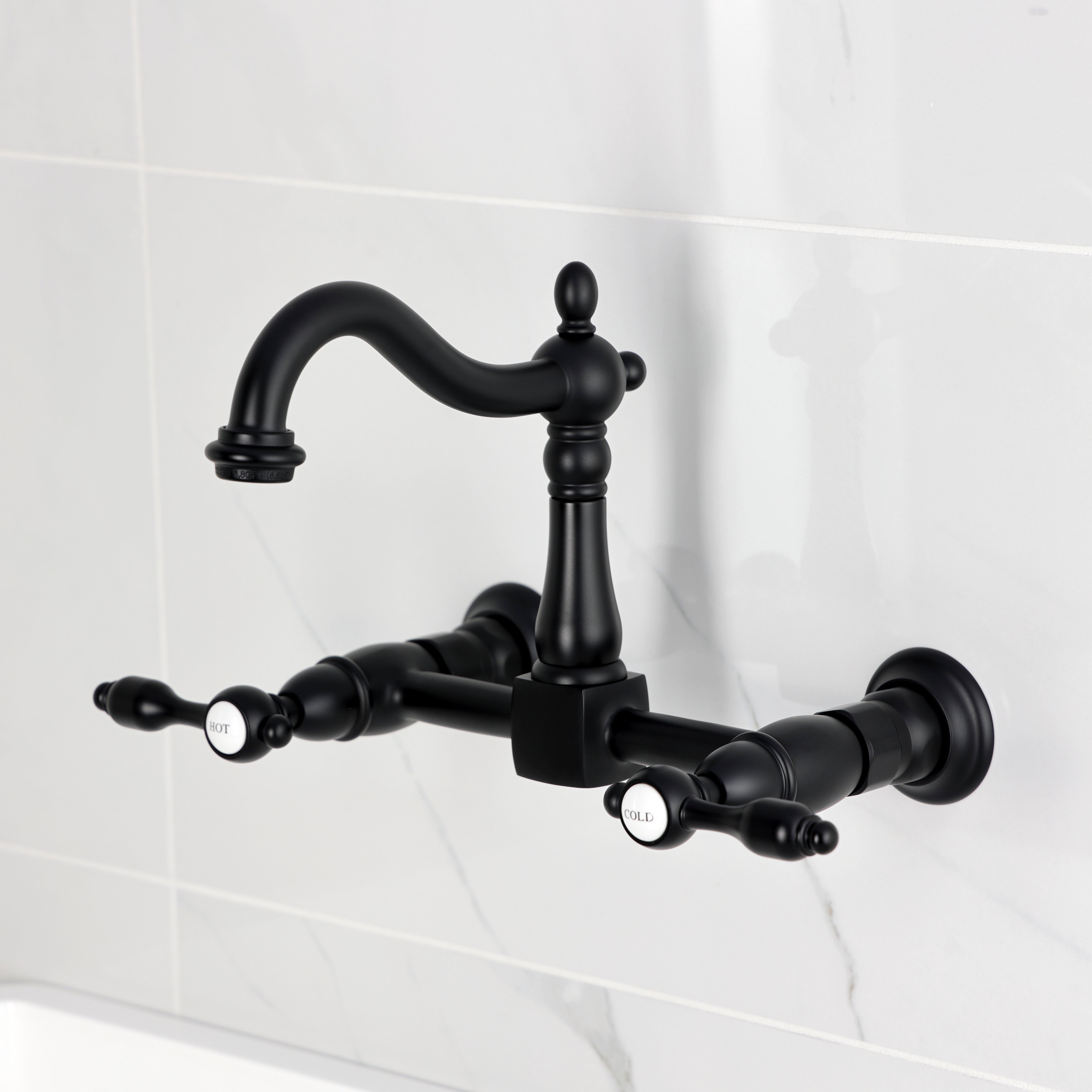 Kingston KS1263TAL Tudor Two-Handle Wall Mount Bridge Kitchen Faucet, Antique Brass