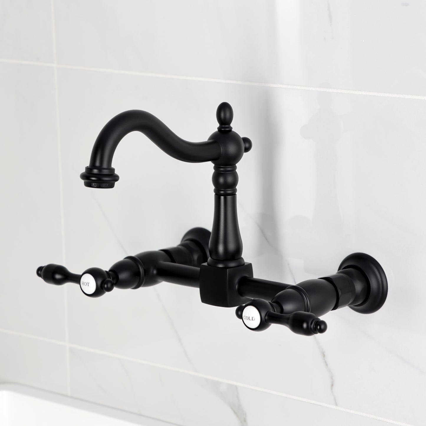 Kingston KS1263TAL Tudor Two-Handle Wall Mount Bridge Kitchen Faucet, Antique Brass