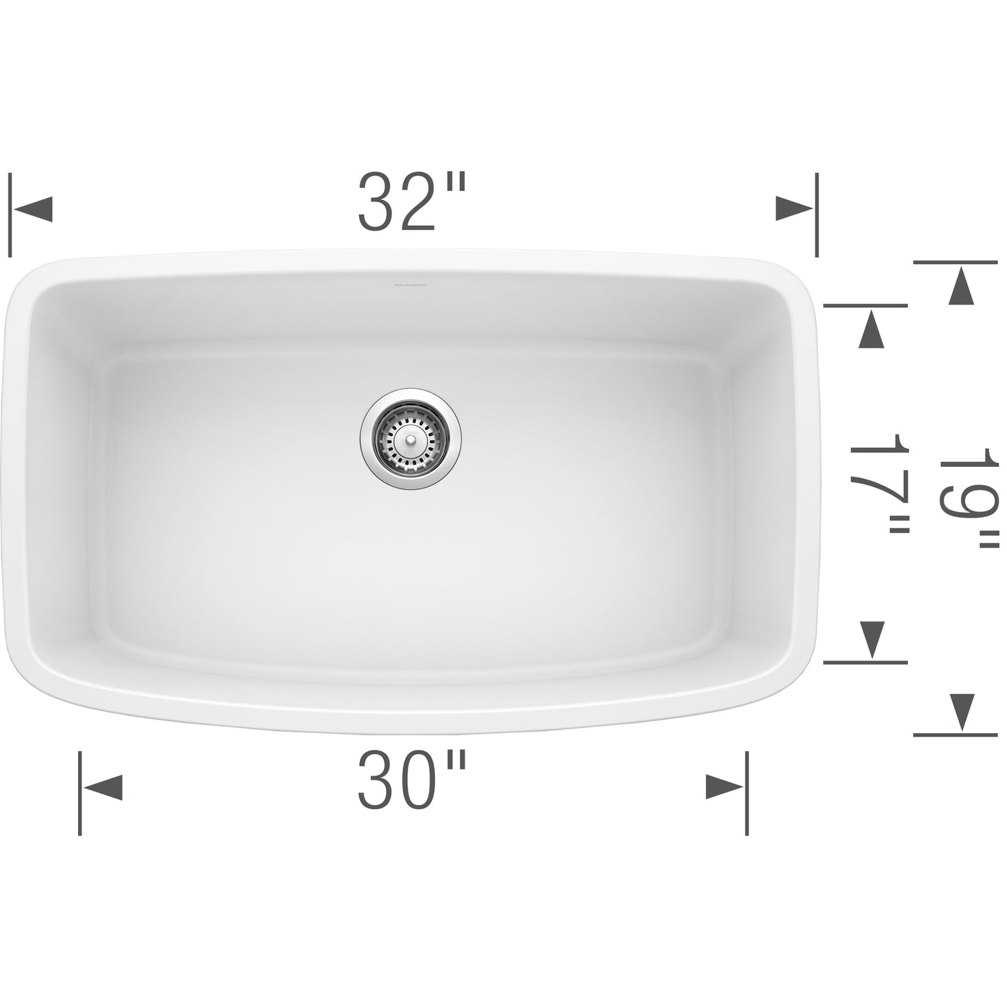 BLANCO Valea SILGRANIT 32" Super Single Undermount Kitchen Sink dimensions view with 32x30 inch measurements.