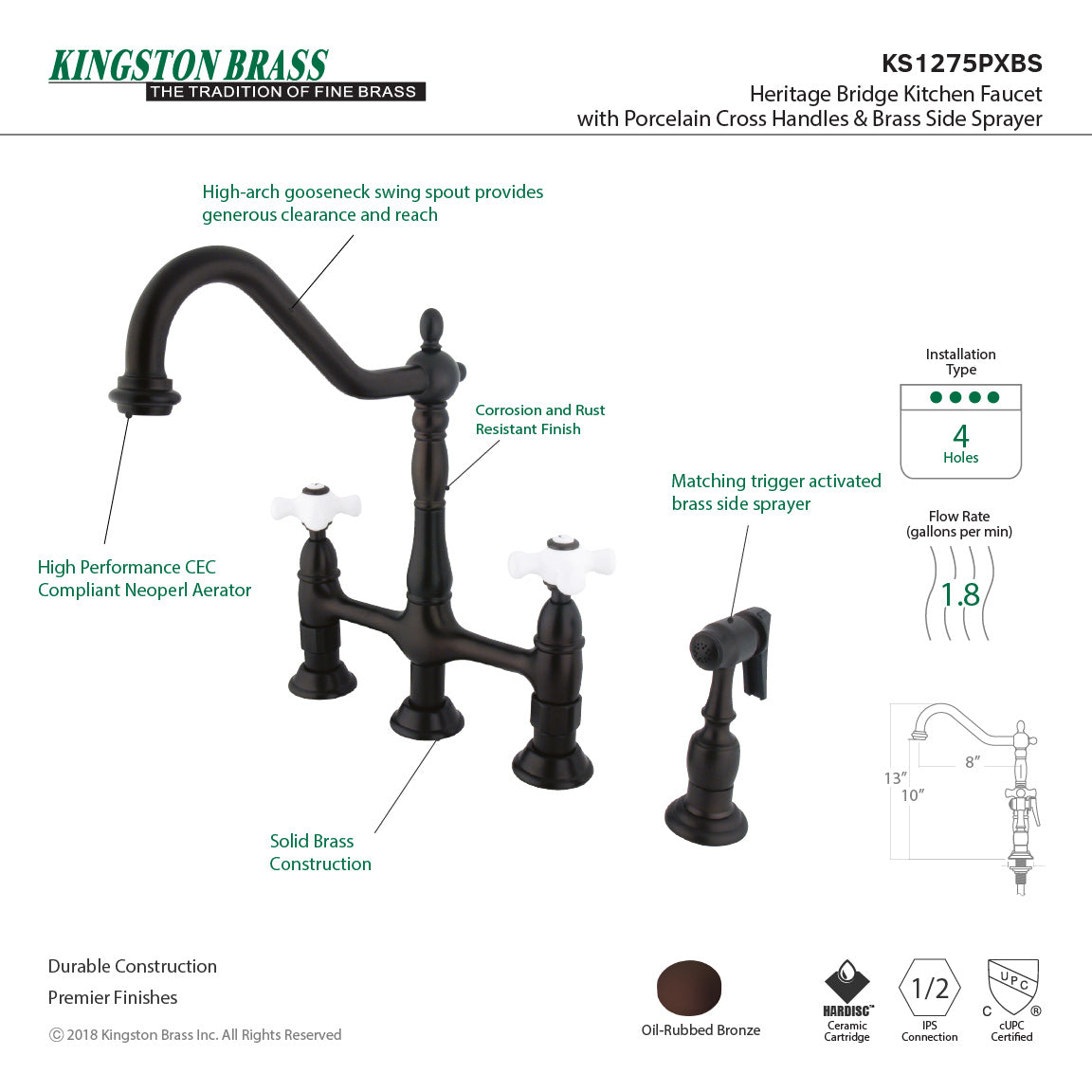 Kingston Brass Heritage Bridge Kitchen Faucet with Brass Sprayer and Cross Handles in Oil-Rubbed Bronze finish