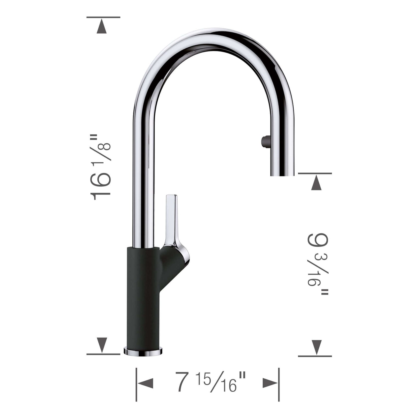 BLANCO Urbena Pull-Down Dual-Spray Kitchen Faucet showcasing measurements and sleek design.