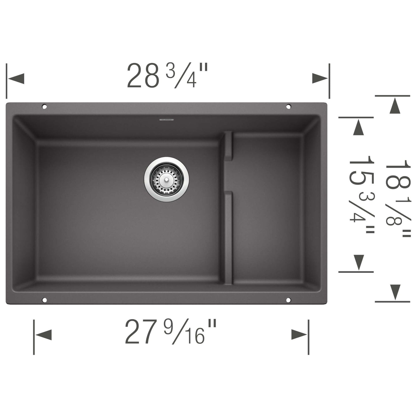 BLANCO Precis Cascade SILGRANIT 29" Single Bowl Undermount Kitchen Sink with Colander dimensions shown from above.