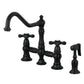 Kingston KS3277AXBS Restoration Bridge Kitchen Faucet with Brass Sprayer, Brushed Brass in matte black finish.