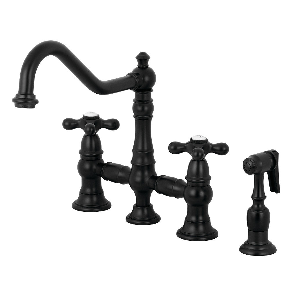 Kingston KS3277AXBS Restoration Bridge Kitchen Faucet with Brass Sprayer, Brushed Brass in matte black finish.