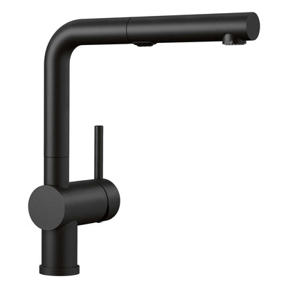 BLANCO Linus Low Arc Pull-Out Dual-Spray Kitchen Faucet - in coal black finish showcasing its low-profile design.
