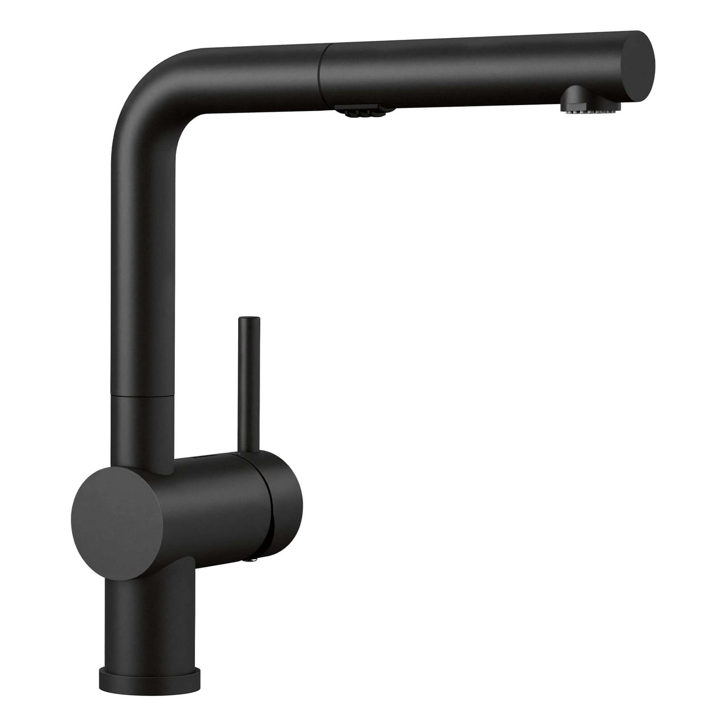 BLANCO Linus Low Arc Pull-Out Dual-Spray Kitchen Faucet - in coal black finish showcasing its low-profile design.