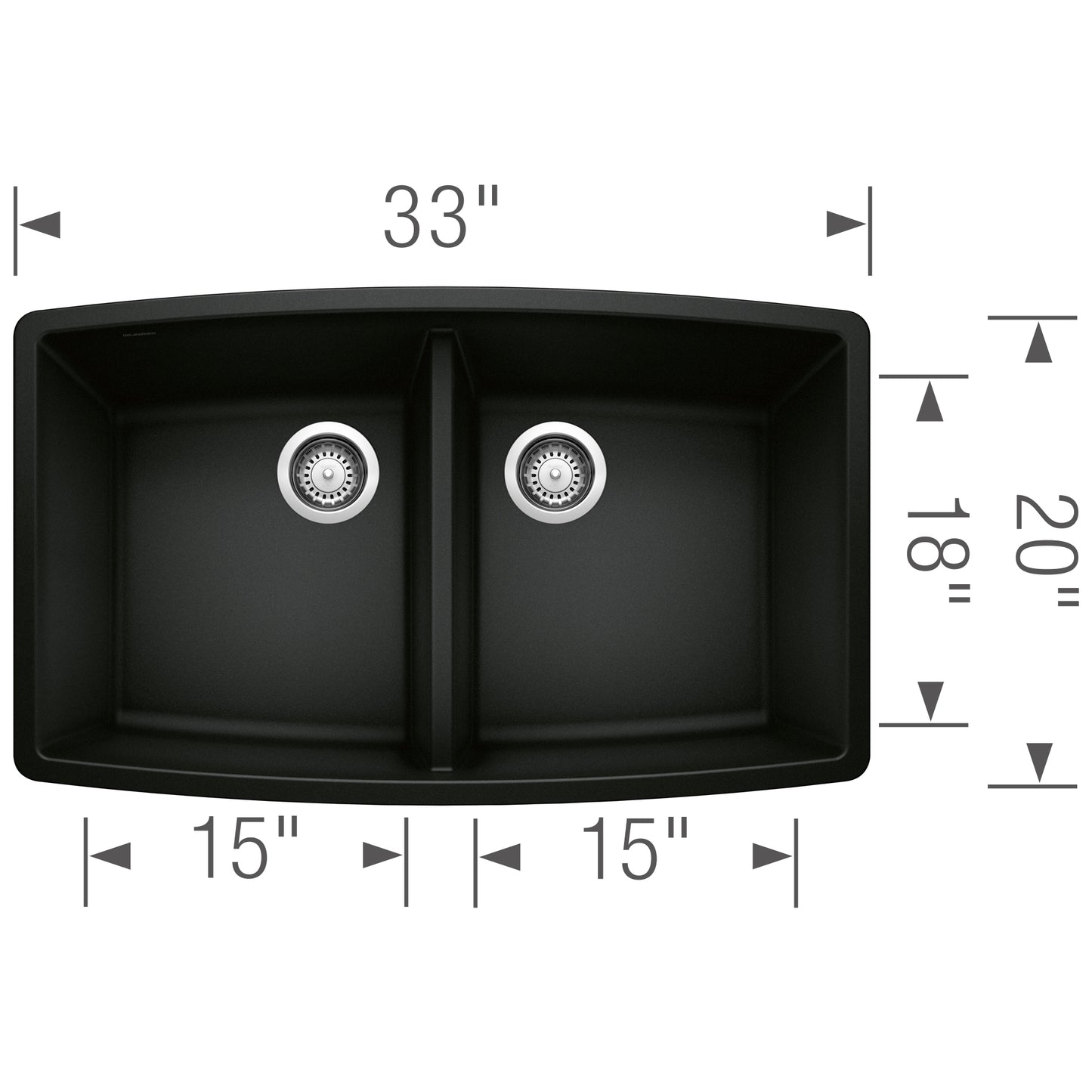 BLANCO Performa SILGRANIT 33" 50/50 Double Bowl Undermount Kitchen Sink with equal basin sizes and dimensions.