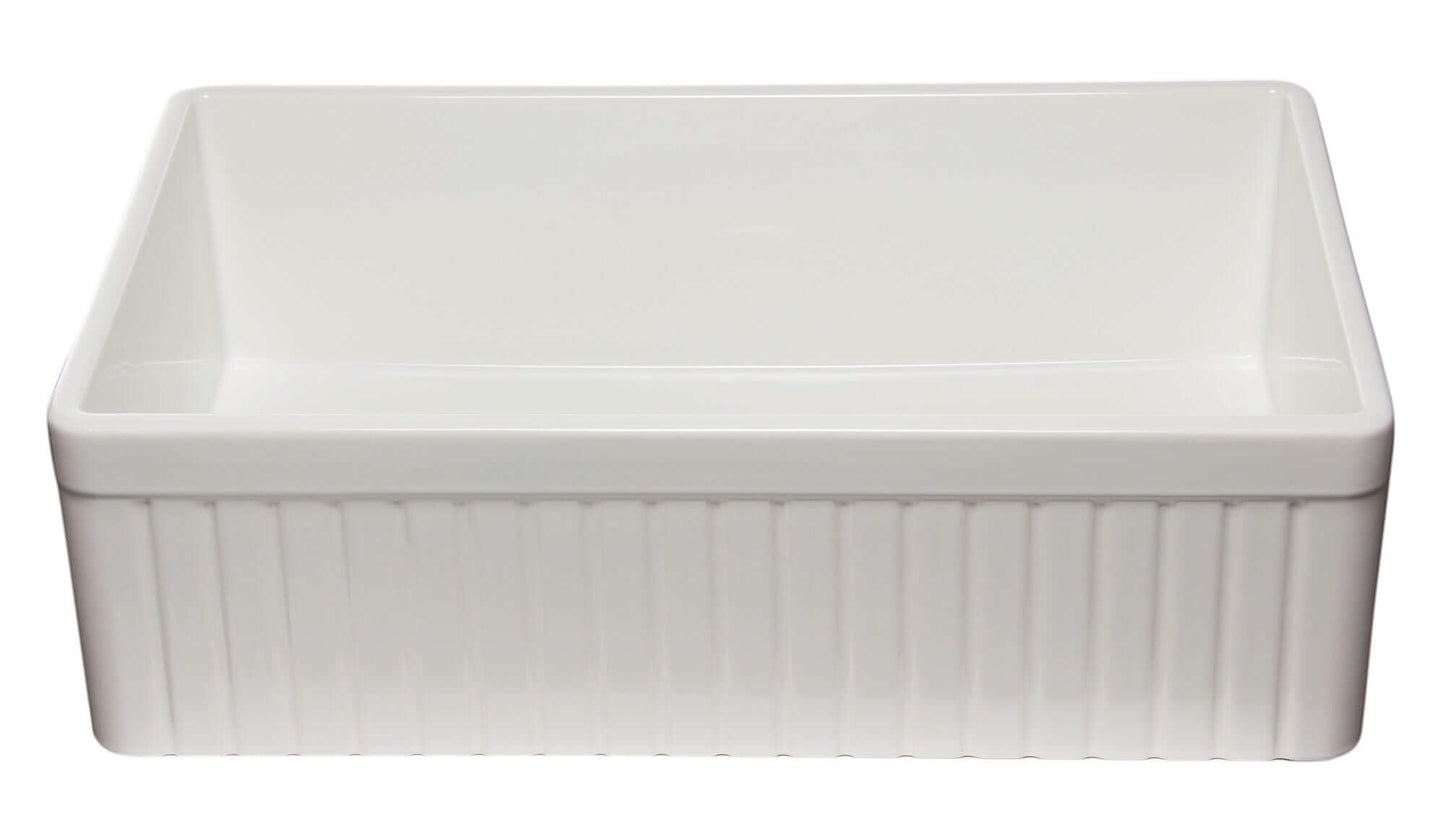 ALFI 33" White Single Bowl Fluted Apron Fireclay Farm Sink AB532-W showcasing its elegant fluted design.