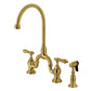 Kingston KS7793BALBS Heirloom Bridge Kitchen Faucet with Brass Sprayer, Antique Brass in brushed brass finish.