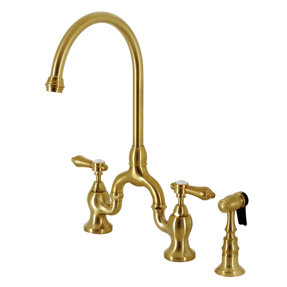 Kingston KS7793BALBS Heirloom Bridge Kitchen Faucet with Brass Sprayer, Antique Brass in brushed brass finish.