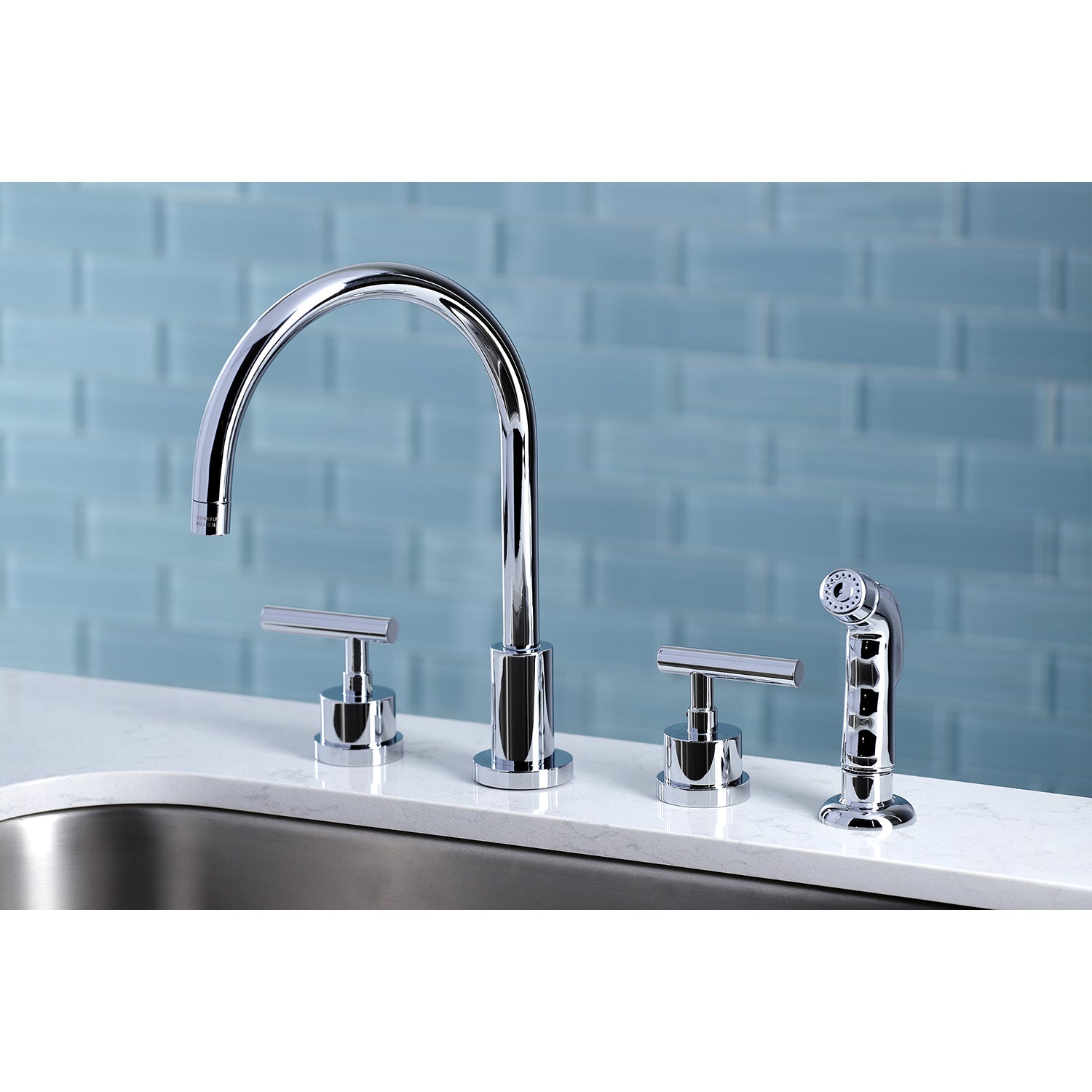 Kingston Brass KS8728CML Manhattan Double-Handle Widespread Kitchen Faucet with Plastic Sprayer, Brushed Nickel