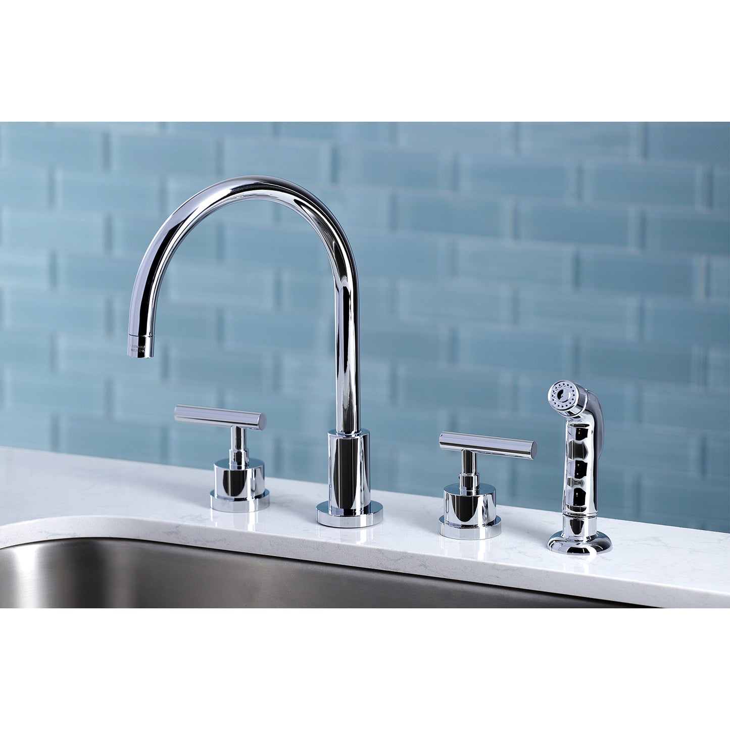 Kingston Brass KS8728CML Manhattan Double-Handle Widespread Kitchen Faucet with Plastic Sprayer, Brushed Nickel