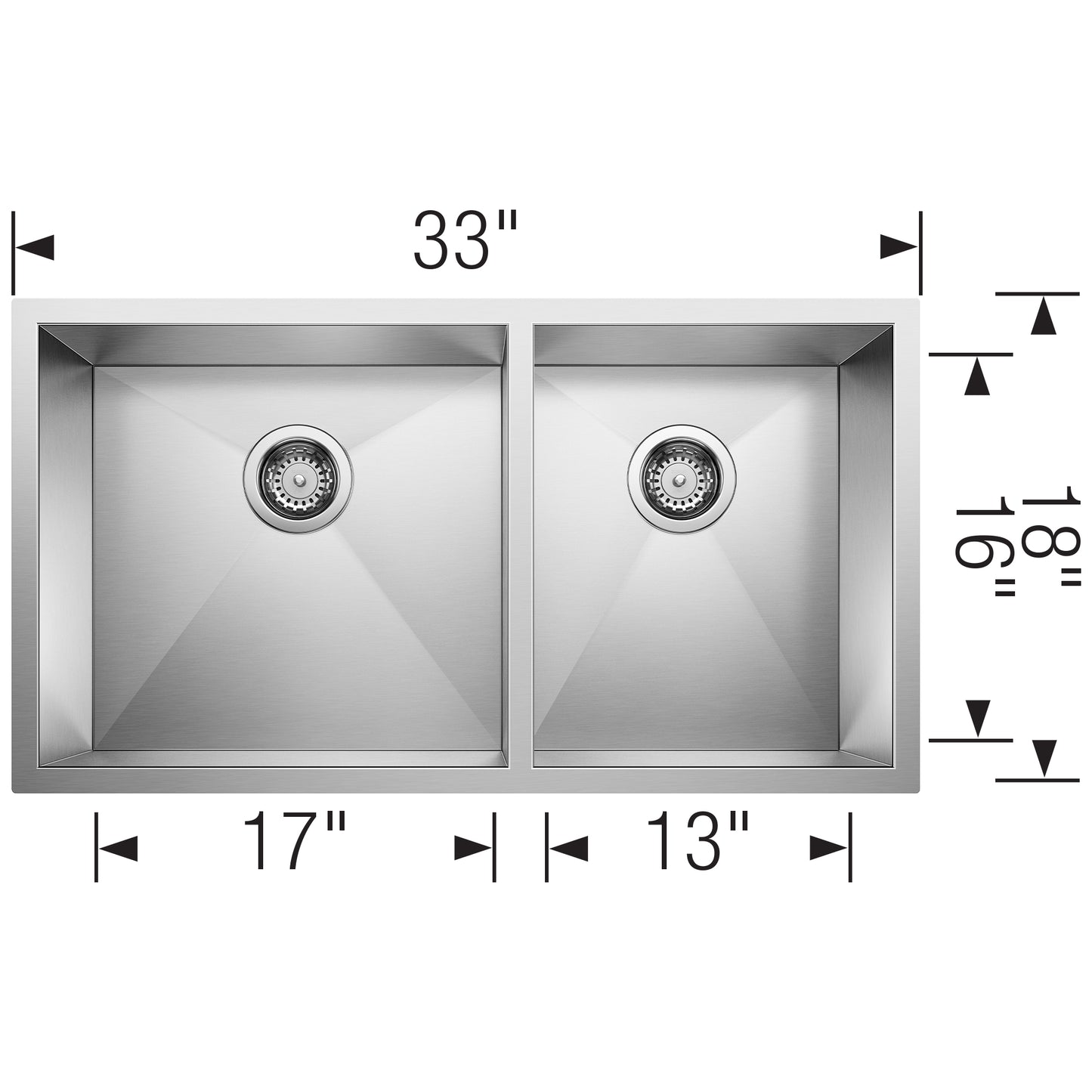 BLANCO Precision R0 33" 60/40 Double Bowl Undermount Stainless Steel Kitchen Sink dimensions layout