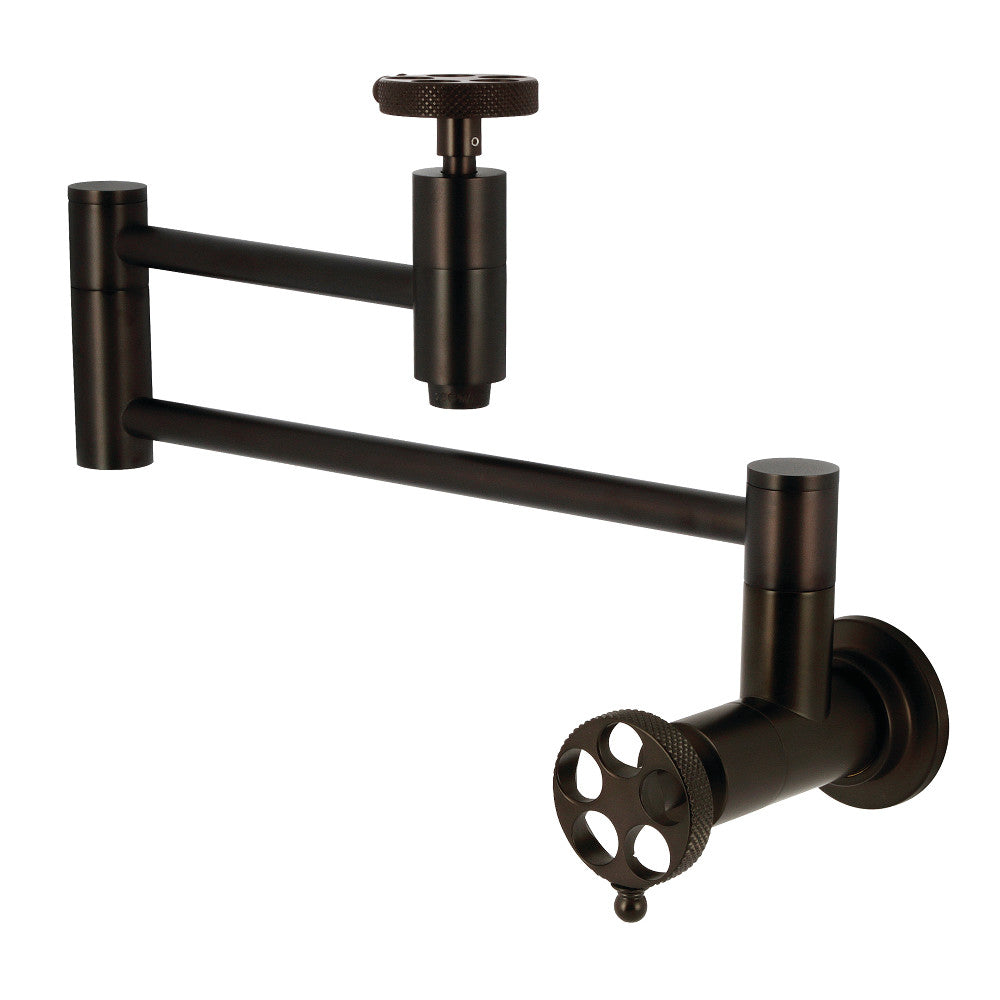 Kingston Brass KS8103RKX Webb Wall Mount Pot Filler Faucet with Knurled Handle, Antique Brass image showcasing swing arms and knurled handle.
