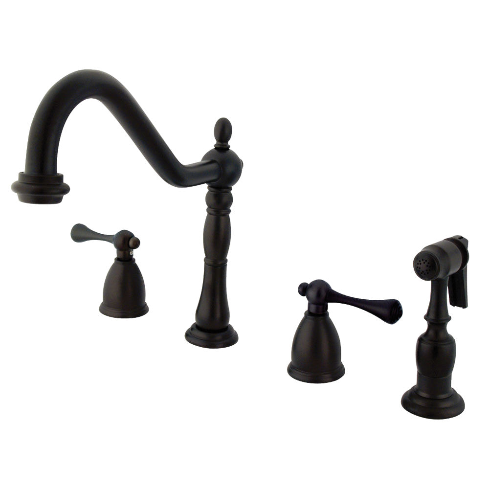 Kingston Brass KB1793BLBS Heritage Double-Handle Widespread Kitchen Faucet with Brass Sprayer, Antique Brass in oil rubbed bronze finish