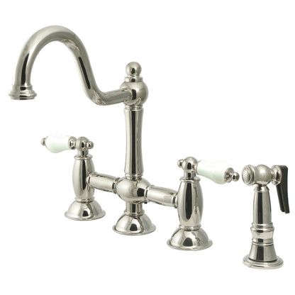 Kingston KS3798PLBS Restoration Bridge Kitchen Faucet with Brass Sprayer, Brushed Nickel