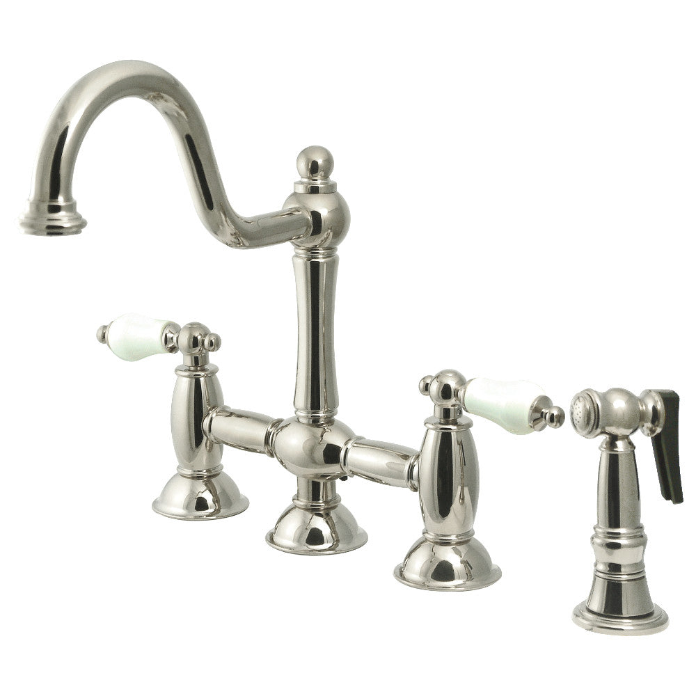 Kingston KS3798PLBS Restoration Bridge Kitchen Faucet with Brass Sprayer, Brushed Nickel