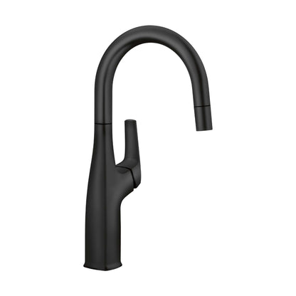 BLANCO Rivana Pull-Down Bar Faucet in sleek black finish for contemporary kitchen designs.