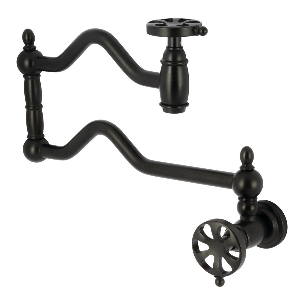 Kingston Brass KS2107RX Belknap Wall Mount Pot Filler Faucet, Brushed Brass with a matte black finish and swing arms.