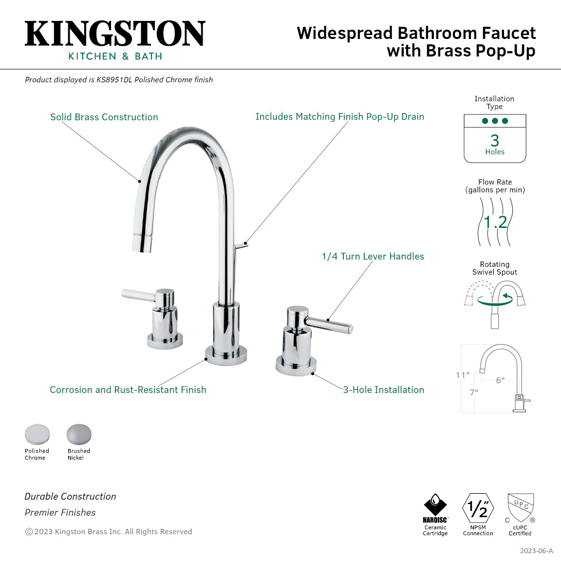 Kingston Brass KS8958DL Concord Widespread Bathroom Faucet with Brass Pop-Up, Brushed Nickel