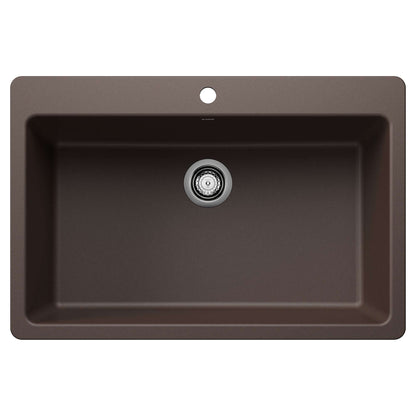 BLANCO Liven SILGRANIT 33" Super Single Dual Mount Kitchen Sink in a rich brown finish, featuring a single bowl design.