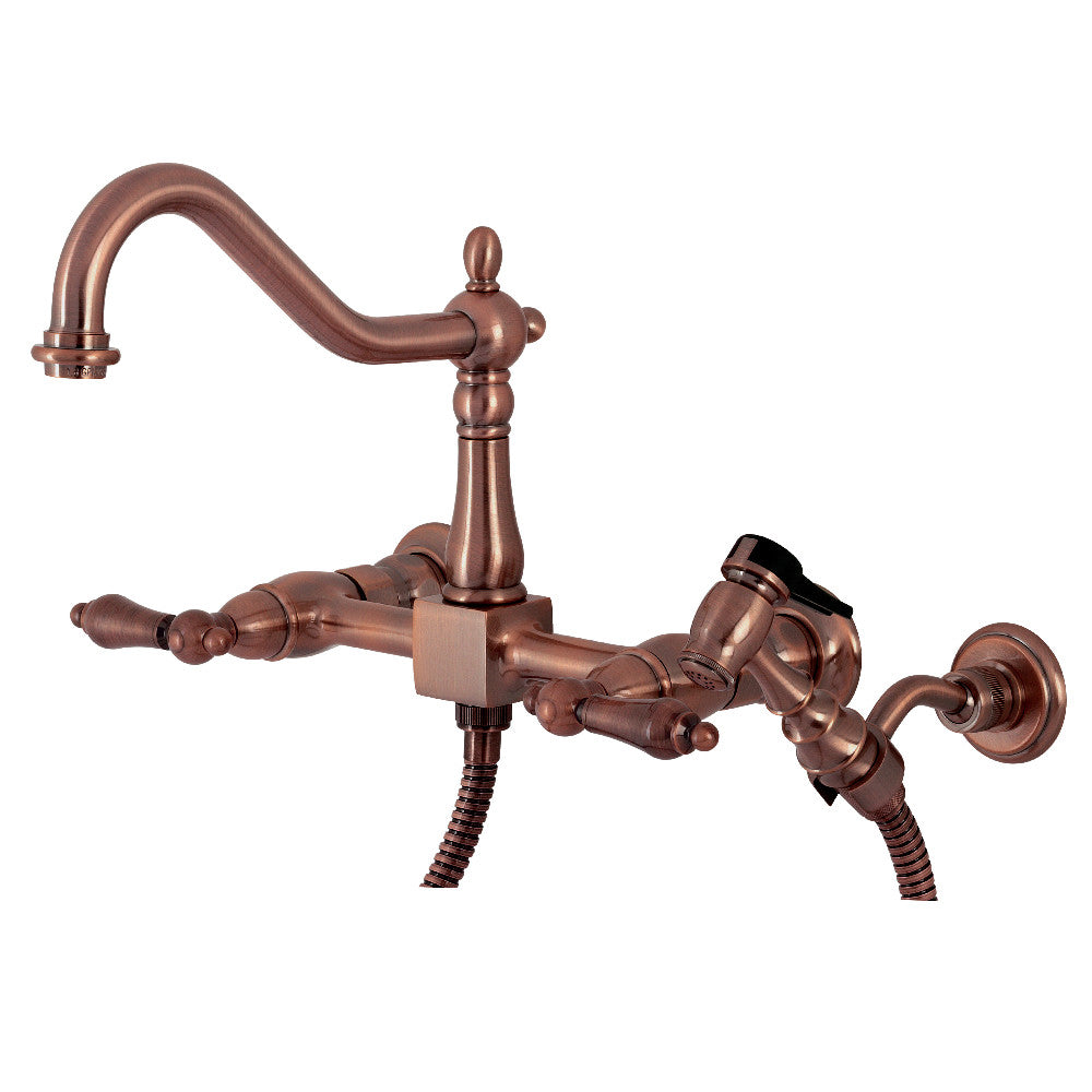 Kingston KS1243ALBS Heritage Two-Handle Wall Mount Bridge Kitchen Faucet with Brass Sprayer, Antique Brass