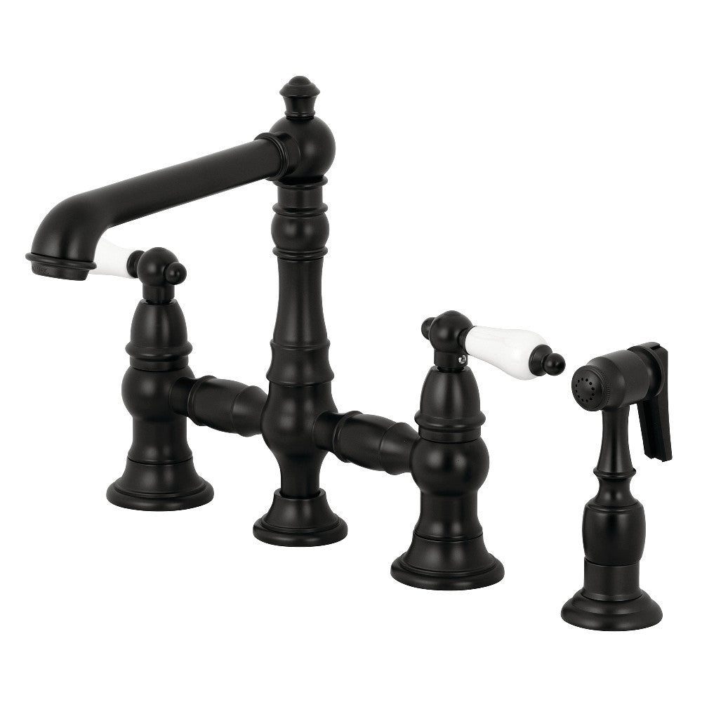 Kingston KS7278PLBS English Country Bridge Kitchen Faucet with Brass Sprayer, Brushed Nickel in matte black finish