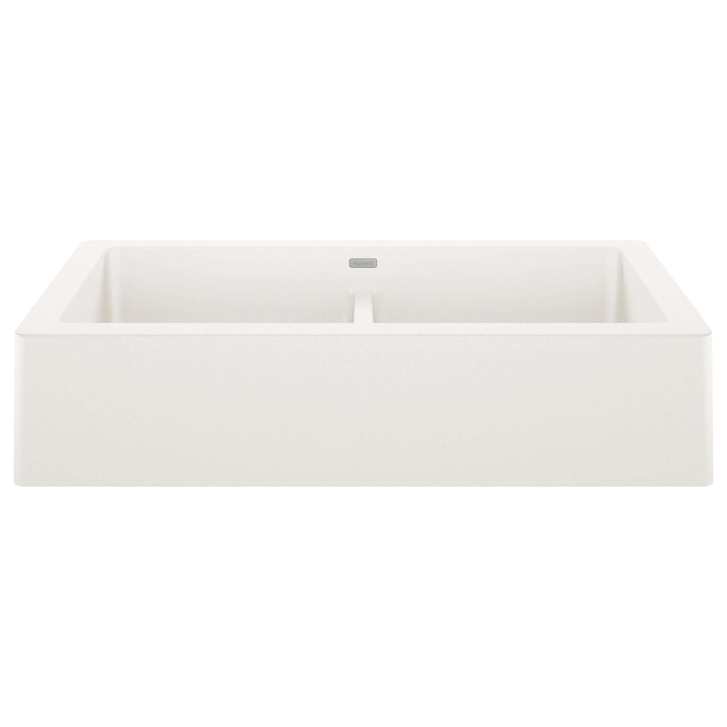 BLANCO VINTERA 33" SILGRANIT Double Bowl Farmhouse Sink in white color, showcasing contemporary apron-front design.