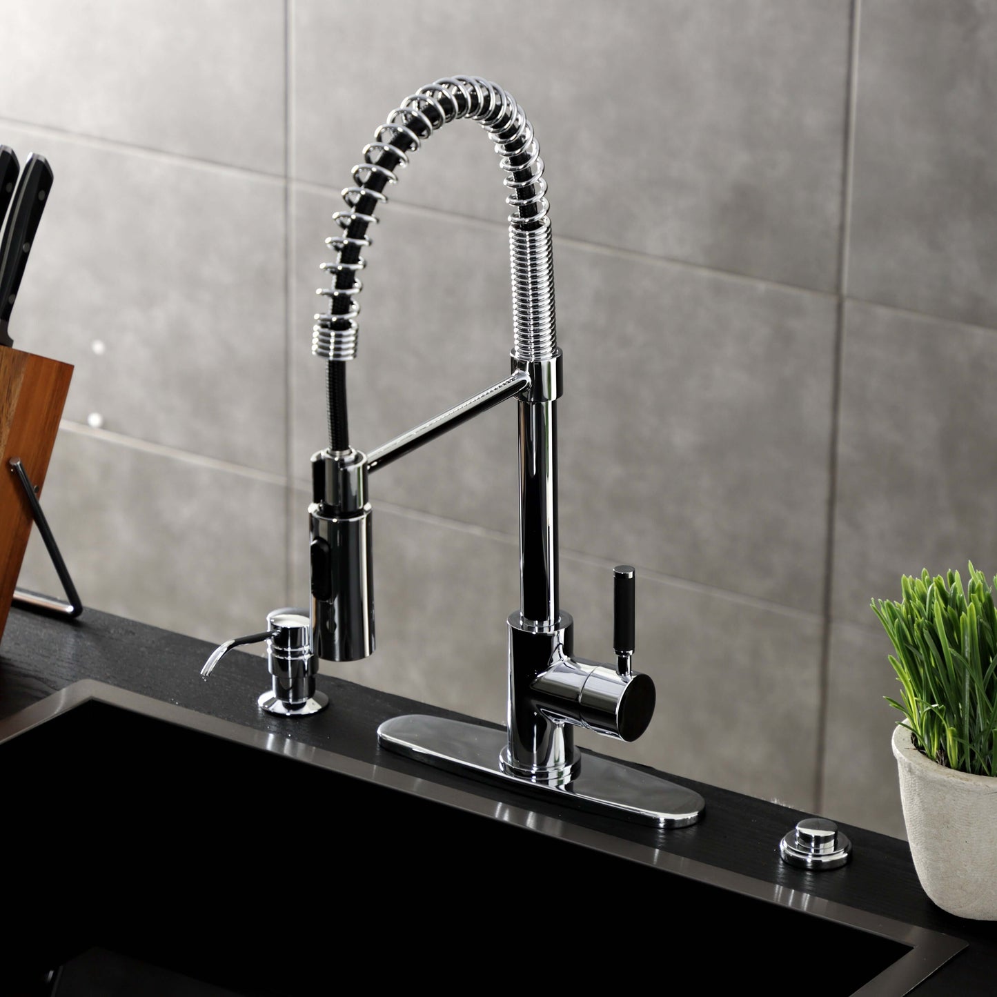 Kingston Brass LS8773DKL Kaiser Pre-Rinse Kitchen Faucet right side view with ergonomic design and high-arching spout.