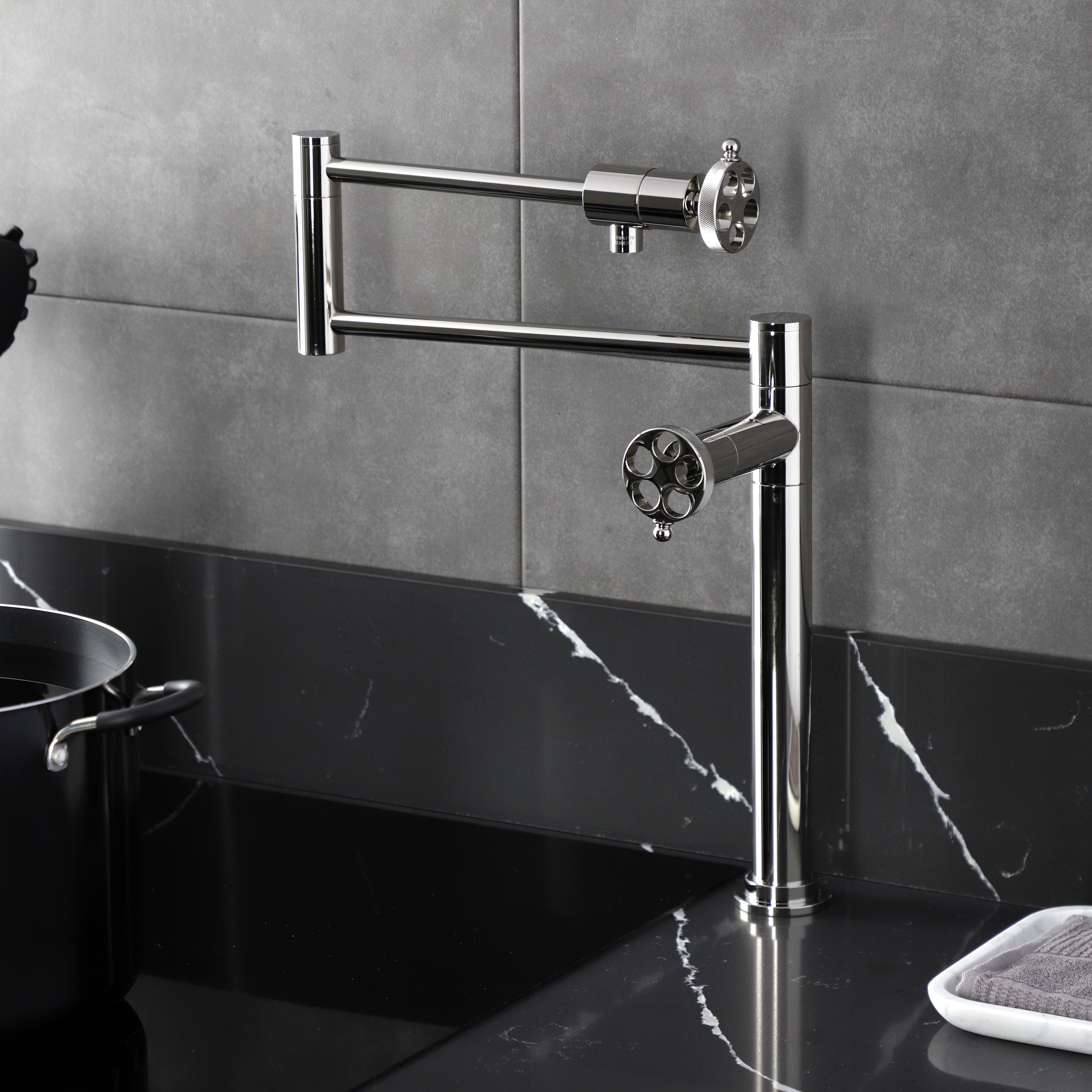 Kingston Brass KS4703RKZ Wendell Deck Mount Pot Filler Faucet with Knurled Handle, Antique Brass on kitchen countertop