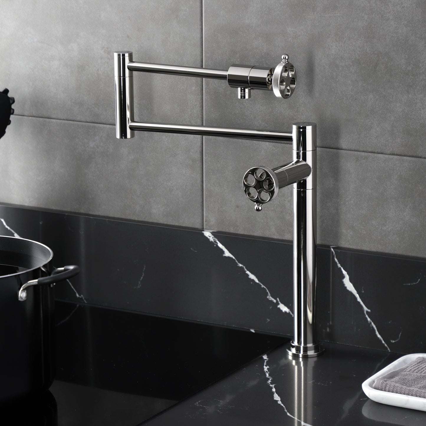 Kingston Brass KS4703RKZ Wendell Deck Mount Pot Filler Faucet with Knurled Handle, Antique Brass on kitchen countertop