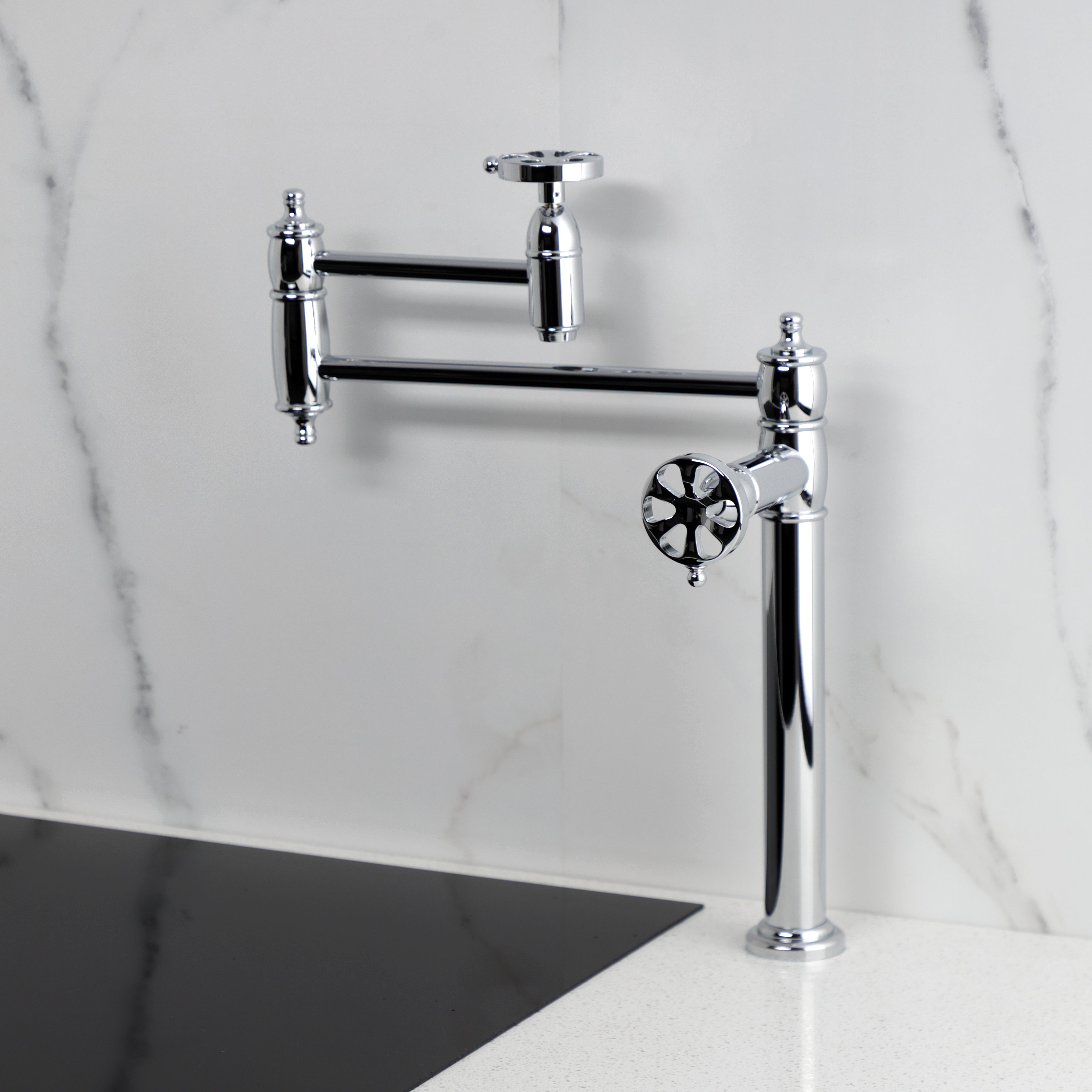 Kingston Brass KS3703RX Belknap Deck Mount Pot Filler Faucet, Antique Brass in elegant chrome finish.