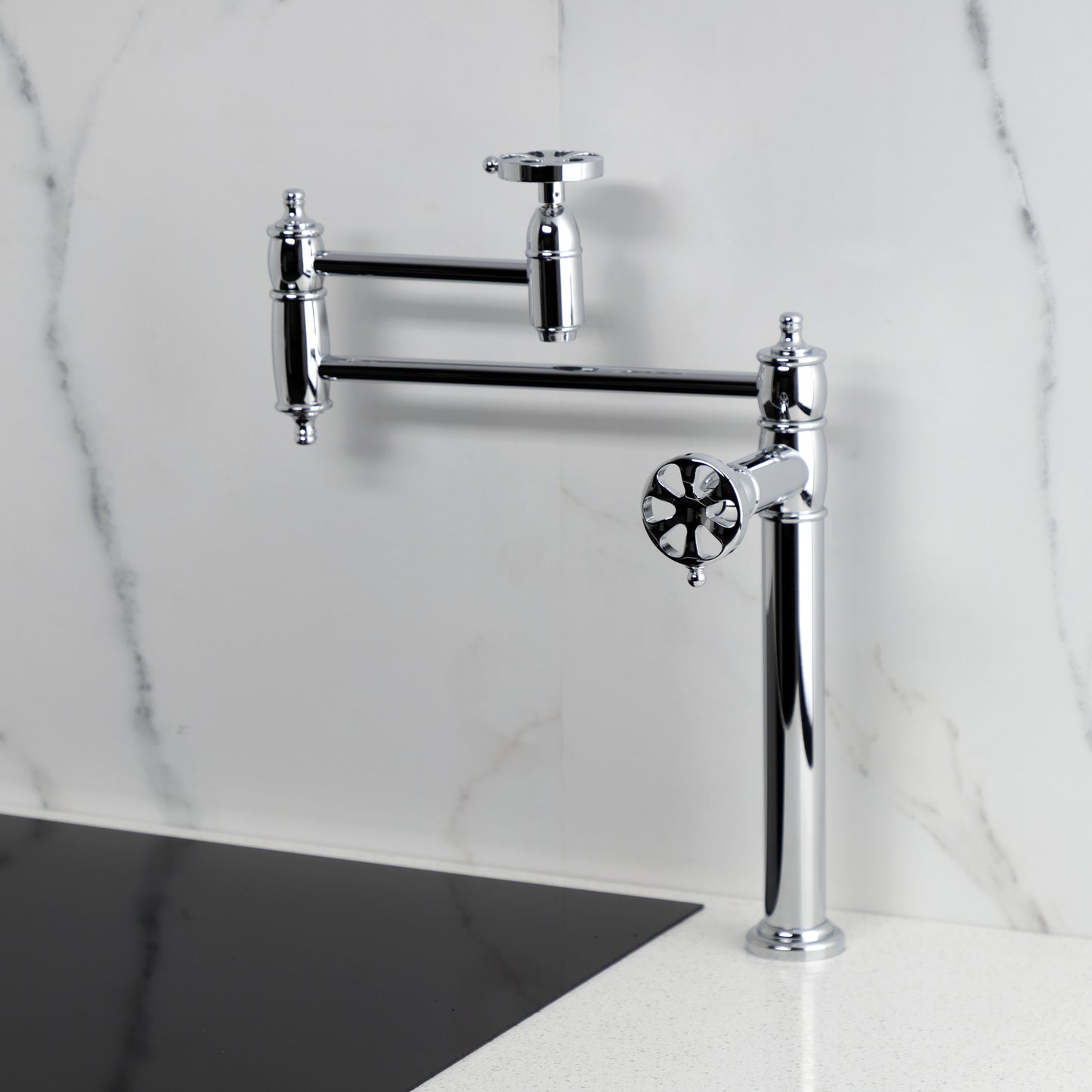 Kingston Brass KS3703RX Belknap Deck Mount Pot Filler Faucet, Antique Brass in elegant chrome finish.