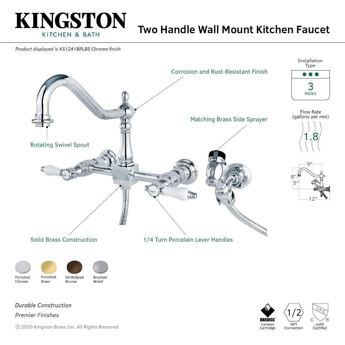 Kingston KS1245BPLBS Bel-Air Two-Handle Wall Mount Bridge Kitchen Faucet with Brass Sprayer, Oil Rubbed Bronze