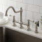 Kingston KS3798BLBS Restoration Bridge Kitchen Faucet with Brass Sprayer, Brushed Nickel showcased in a modern kitchen setting.