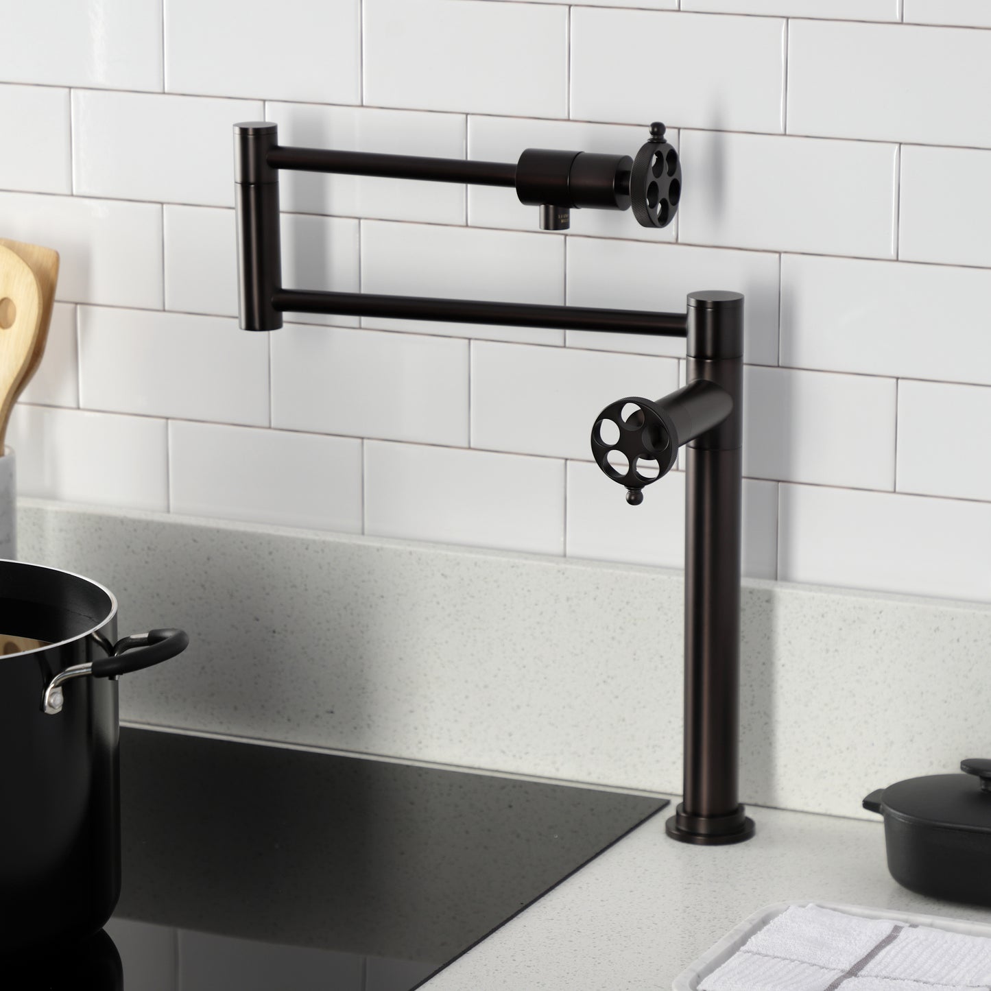 Kingston Brass KS4703RKZ Wendell Deck Mount Pot Filler Faucet with Knurled Handle, Antique Brass in kitchen setting