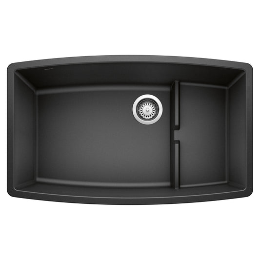 BLANCO Performa Cascade SILGRANIT 32" Single Bowl Undermount Kitchen Sink with Colander showing top view.