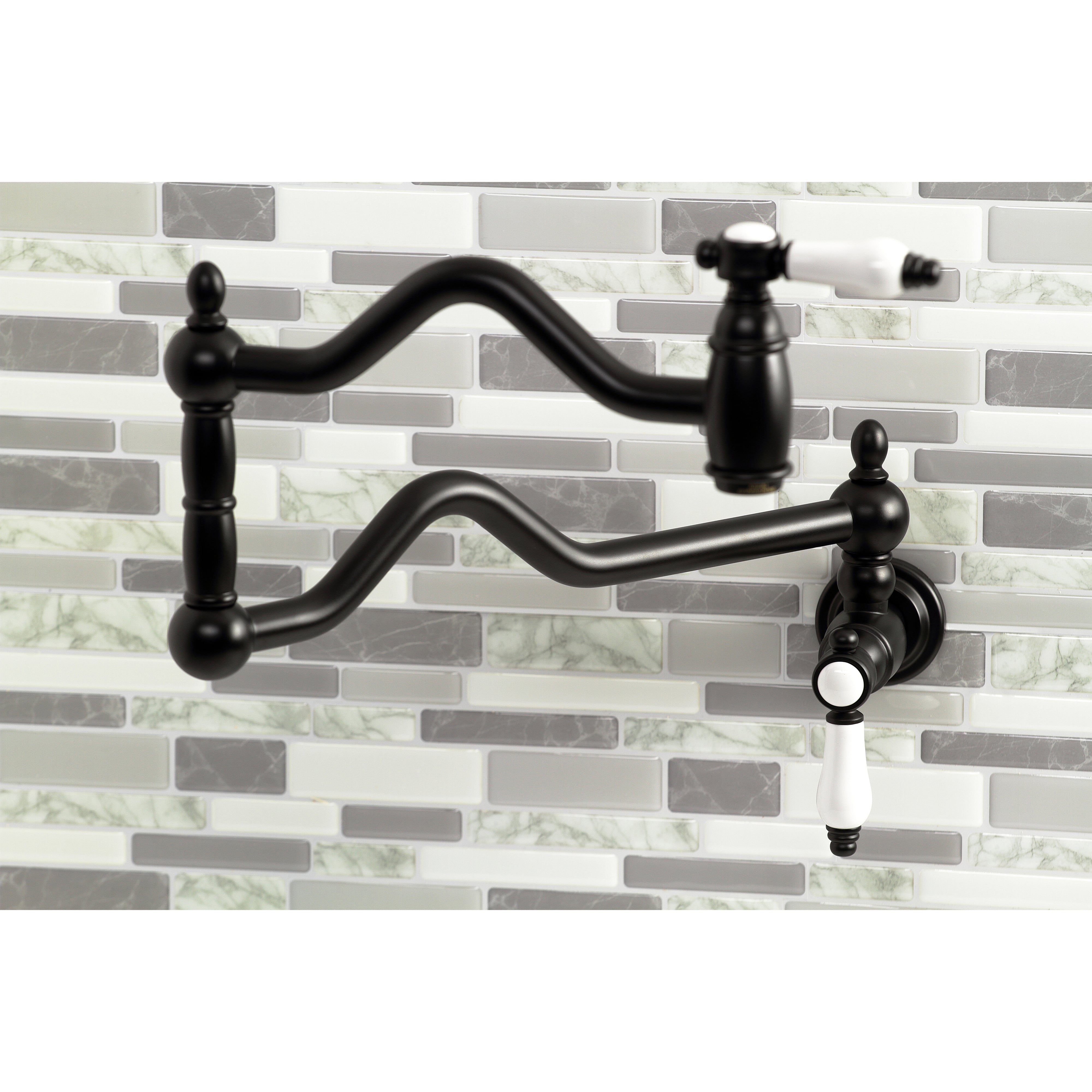 Kingston Brass KS2107BPL Bel-Air Wall Mount Pot Filler Faucet, Brushed Brass with white porcelain levers.