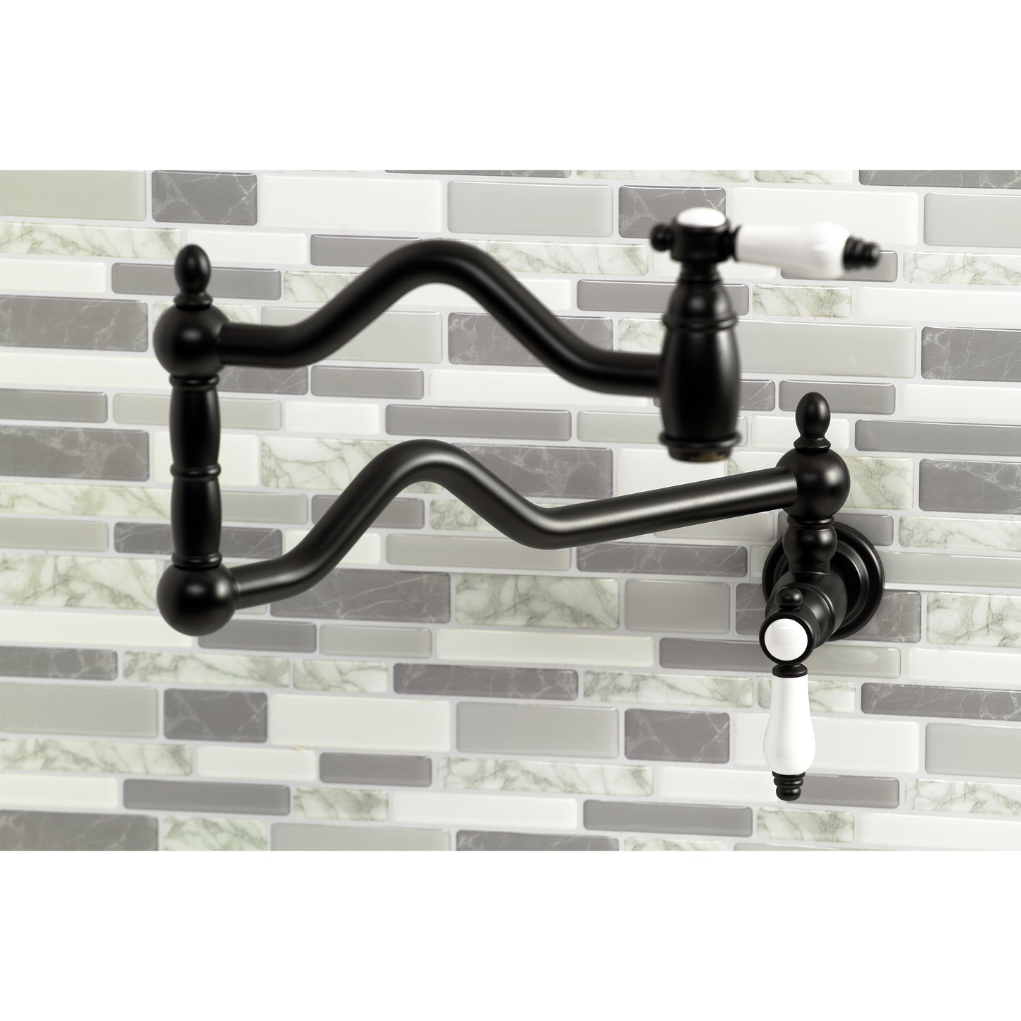 Kingston Brass KS2107BPL Bel-Air Wall Mount Pot Filler Faucet, Brushed Brass with white porcelain levers.
