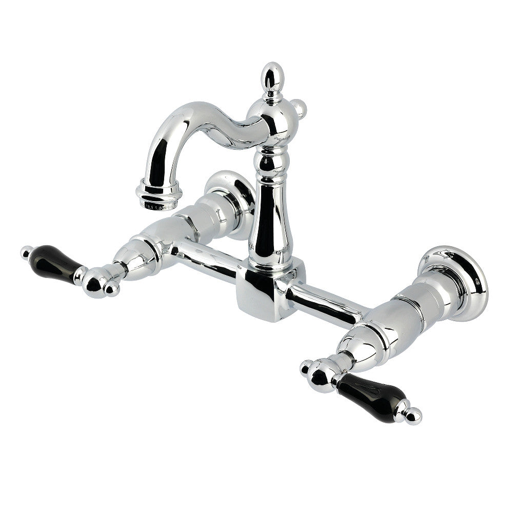 Kingston KS2443PKL Duchess Two-Handle Wall Mount Bridge Kitchen Faucet, Antique Brass with polished chrome finish.
